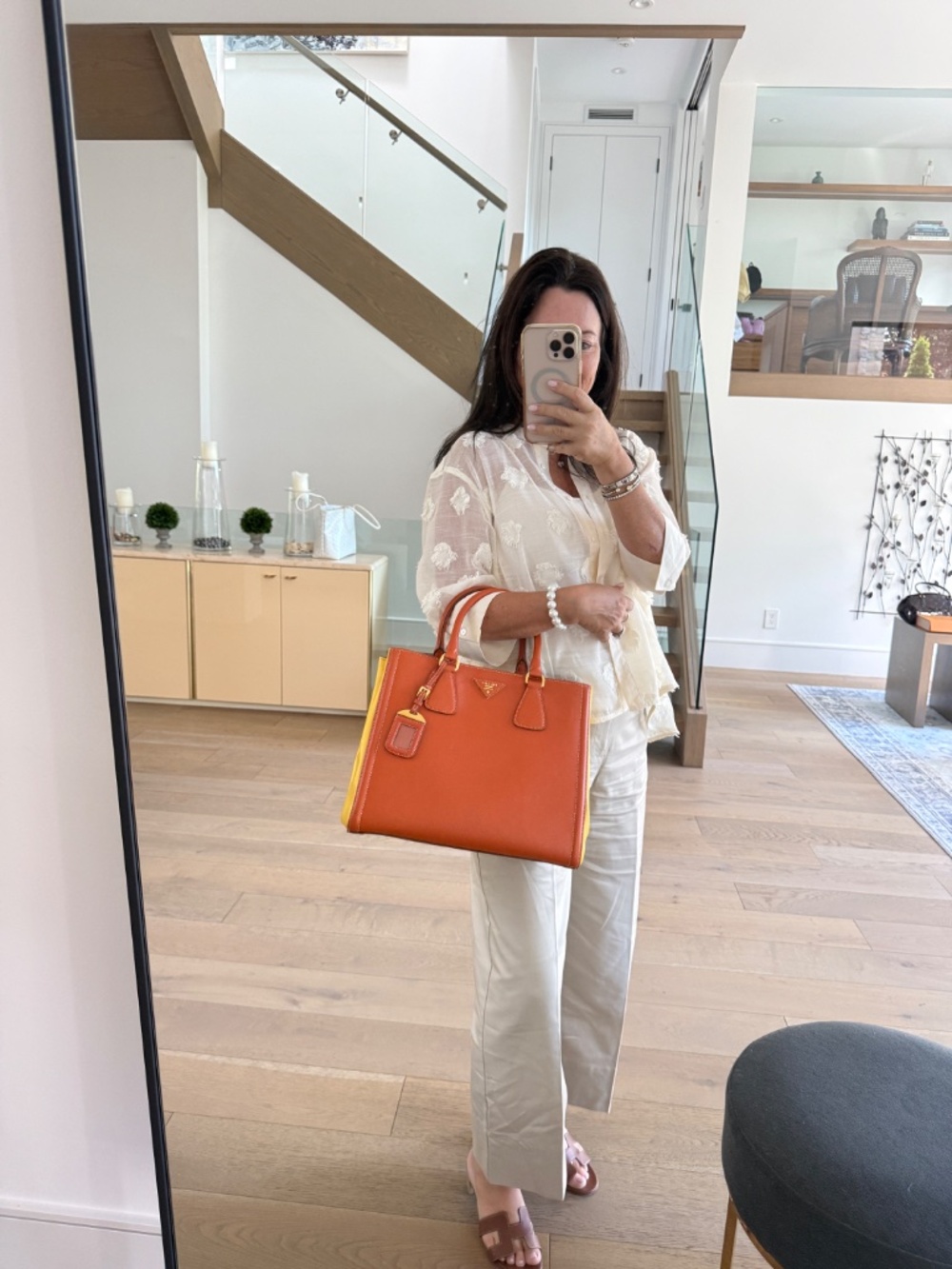 Prada Orange/Yellow Bi Color Saffiano Lux Leather Tote - Picture 11 of 14